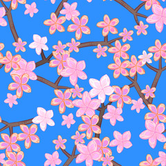 Obraz premium Floral seamless pattern with branches and red flowers on blue background.