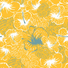 Floral seamless pattern with hand drawn yellow flowers and leafs.