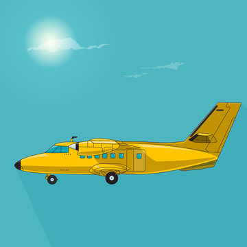 Nice yellow airplane on sky, flying golden plane - flatten isolated illustration master vector