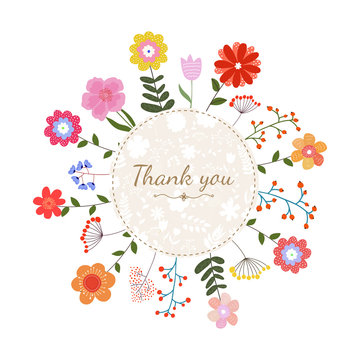 Floral card with circle frame and text "Thank you"