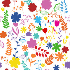 Floral seamless pattern with colorful hand drawn
silhouettes of flowers