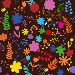 Naklejka premium Floral seamless pattern with colorful flowers silhouettes