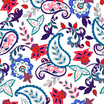 Paisley seamless pattern with hand drawn blue red flowers and leafs.