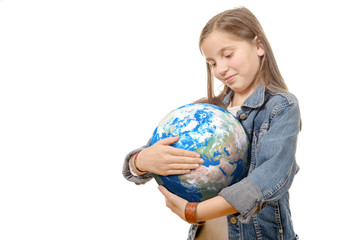pretty little girl holding the Planet Earth