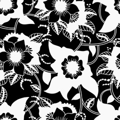 Black and white floral seamless pattern hand drawn.