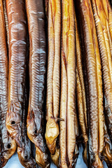 Fresh smoked eels / Fresh smoked eels ready to eat a traditional Dutch delicacy
