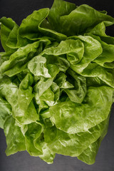 Fototapeta na wymiar Fresh green lettuce salad on black table