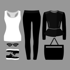 Set of trendy women's clothes. Outfit of woman jeans, jacket, tank top and accessories. Women's wardrobe. Vector illustration