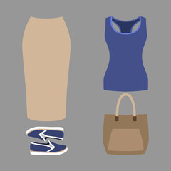 Set of trendy women's clothes. Outfit of woman skirt, tank top and accessories. Women's wardrobe. Vector illustration