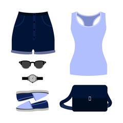 Naklejka premium Set of trendy women's clothes. Outfit of woman shorts, tank top and accessories. Women's wardrobe. Vector illustration