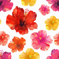 Seamless floral pattern with tropical flowers drawn watercolor.