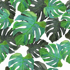 Seamless pattern with palm leafs drawn watercolor.