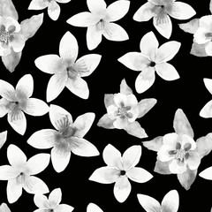 Seamless pattern with white flowers drawn watercolor on black background