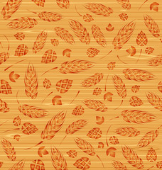 Vector seamless pattern with hops and malt on a wooden texture
