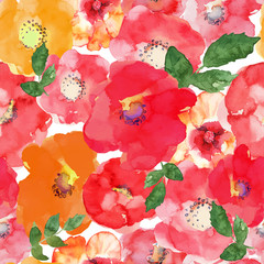 Floral seamless pattern with red and yellow roses drawn watercolor
