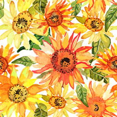 Floral seamless pattern with sunflowers drawn watercolor.