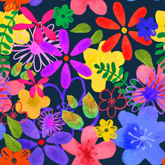 Seamless floral texture red, blue, yellow flowers drawn watercolor on dark background