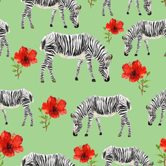 Fototapeta na wymiar Seamless texture with zebra and red flowers drawn watercolor on green background