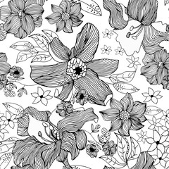 Floral seamless pattern with white flowers and black outline on them