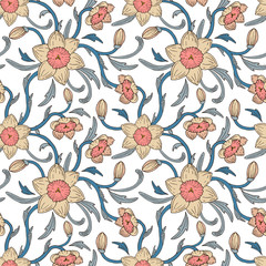 Vector floral seamless pattern with daffodils, victorian style design