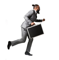full body business black man runing holding a suitcase