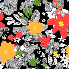 Floral seamless pattern with red, yellow and white flowers with outlines on black background