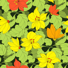 Floral seamless pattern with red and yellow flowers on black background