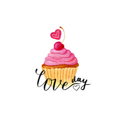 Valentines day card. Vector lettering with painting cute cupcake . Love day handwritten words
