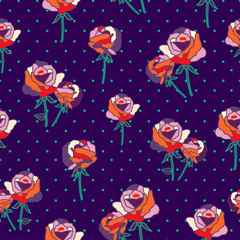 Seamless texture with roses on dots background