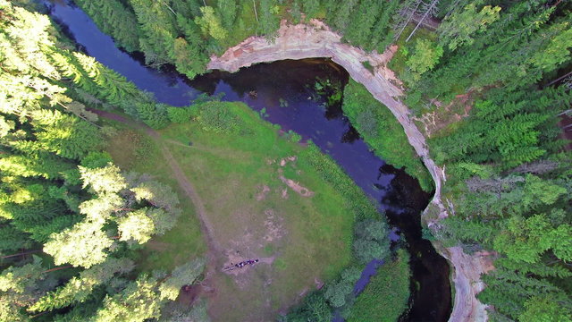 Top view of the Ahja river and the sandstone in the mountain in Taevaskoda Estonia