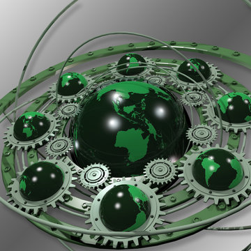 Global Green Enterprise. Globes and sprockets form a symbol for green industry