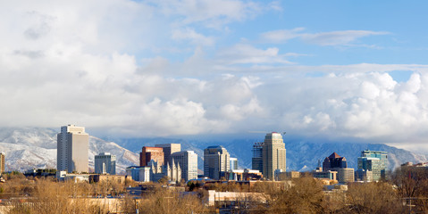 Panorama of downtown Salt Lake City in the winter with low cloud