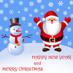 Post card. Santa Claus and snowman. Set of snowflakes. Vector il