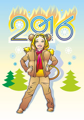 Fire Monkey 2016  девочка в наушниках с хвостом на фоне елок и горящей даты 2016