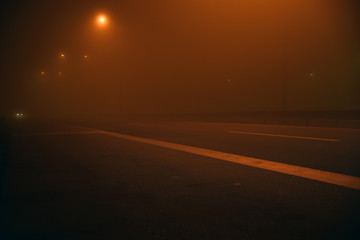 Night scene on the road with fog