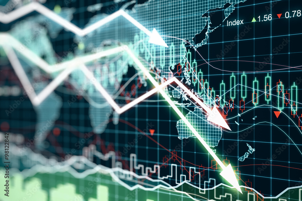 Poster business chart with glowing arrows and world map