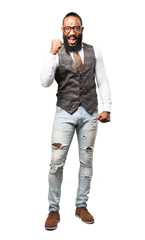 full body cool black man doing a winner gesture