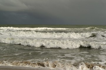Waves breaking on beach producing foam