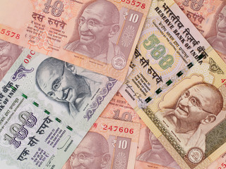 Indian rupee banknotes background, India money closeup