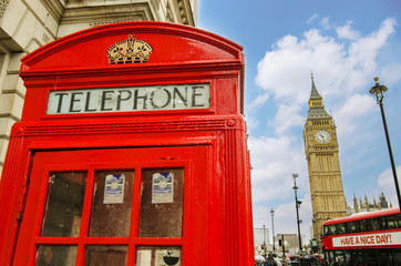 Big Ben, bus and red telephone cabin in London - United Kingdom
