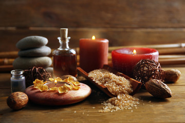 Colourful decorated relax set on wooden background