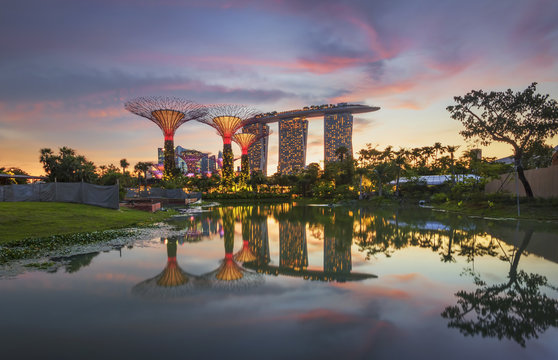 Singapore Skyline and view of skyscrapers on Marina Bay from Garden by the bay