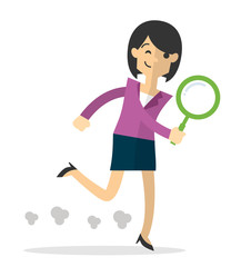 Vector of a businesswoman run holding magnifying glass, do a search 