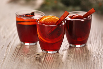 Mulled wine on wooden table