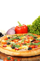 Delicious pizza with vegetables, isolated on white