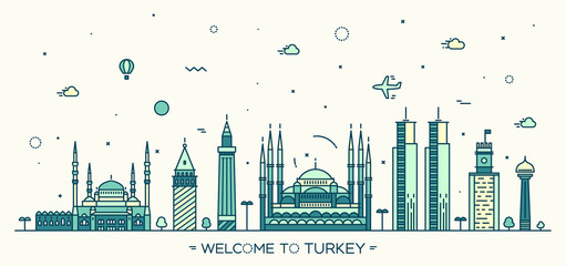 Turkey skyline vector illustration linear style