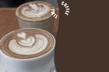 Close up cup of Coffee, latte on the wooden table