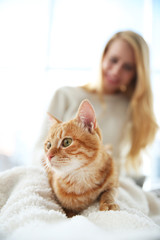 Attractive woman posing with red cat. Focus on cat