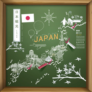Japan travel map on chalkboard