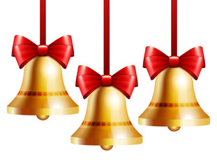 golden bells with a red bow
